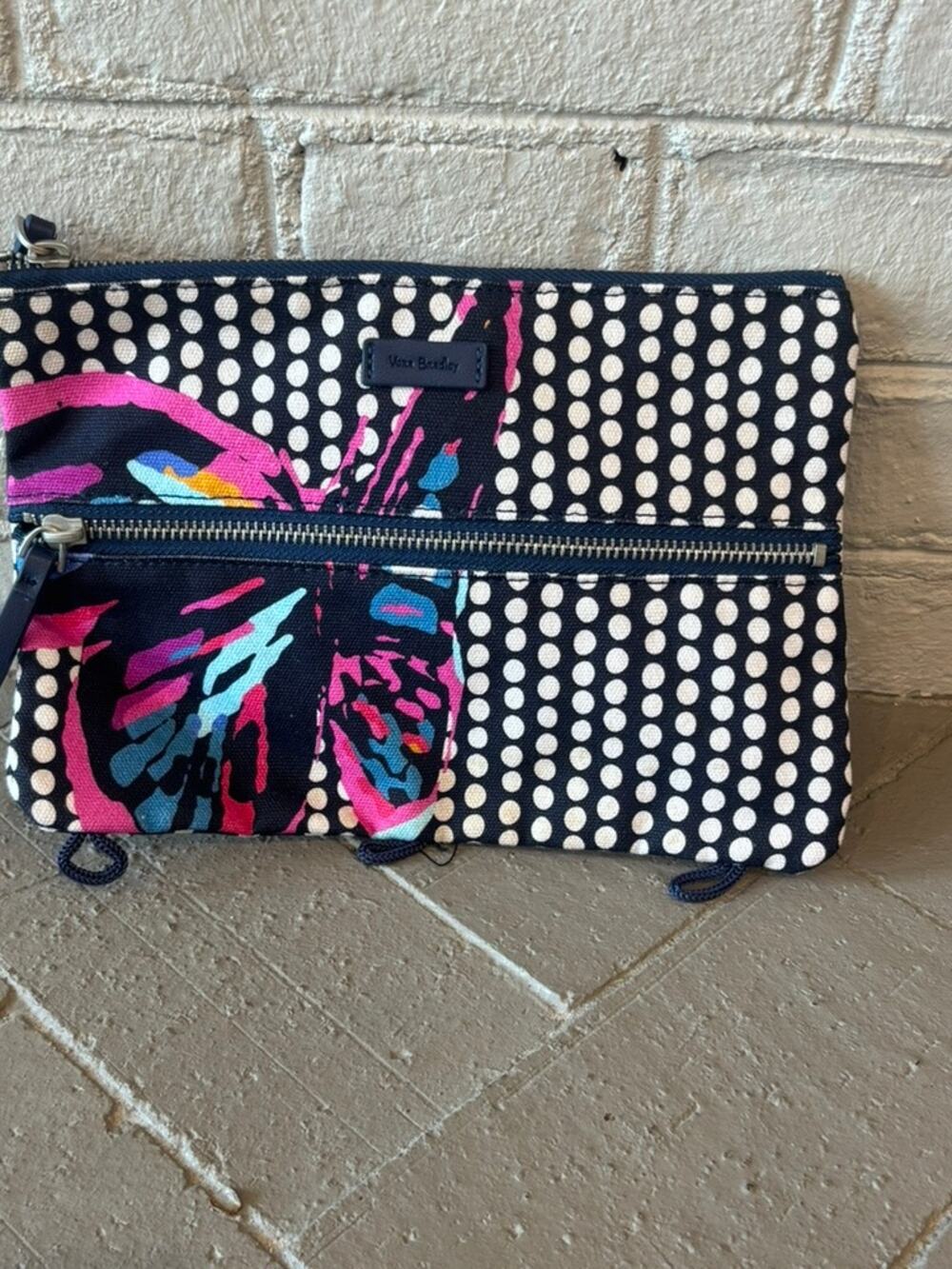 Vera Bradley Double Zip Pouch Navy Polka Dot with Pink Butterfly Print